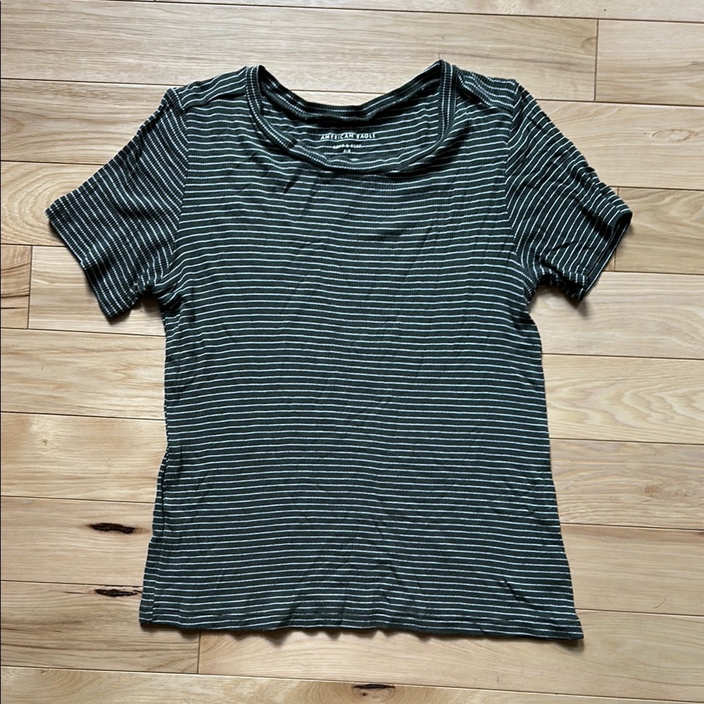 American Eagle Outfitters Olive Green and White Striped Tee
